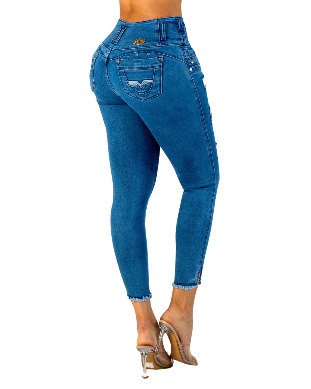 BUTT LIFTING BLUE DISTRESSED ANKLET SKINNY JEANS TK577