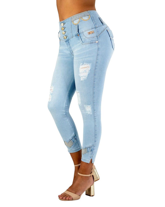 BUTT LIFTING LIGHT BLUE DISTRESSED ANKLET SKINNY JEANS TK573