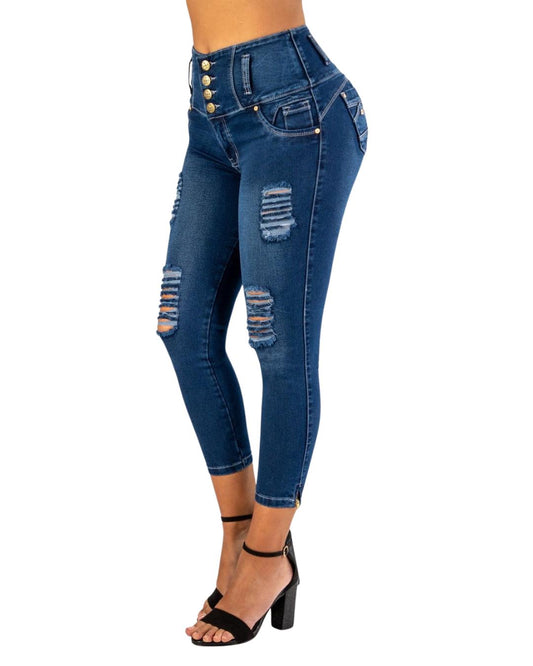 BUTT LIFTING DARK BLUE DISTRESSED ANKLET SKINNY JEANS TK572