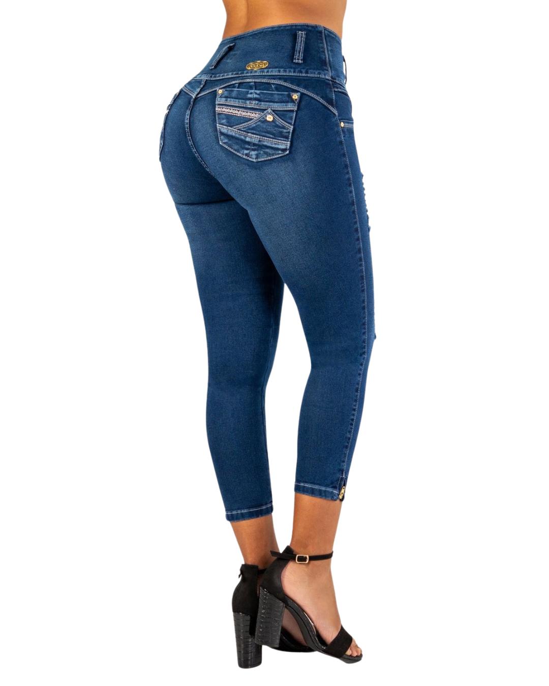 BUTT LIFTING DARK BLUE DISTRESSED ANKLET SKINNY JEANS TK572