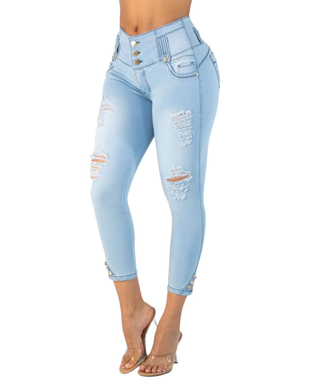 BUTT LIFTING LIGHT BLUE DISTRESSED ANKLET SKINNY JEANS WITH SHAPEWEAR TK579