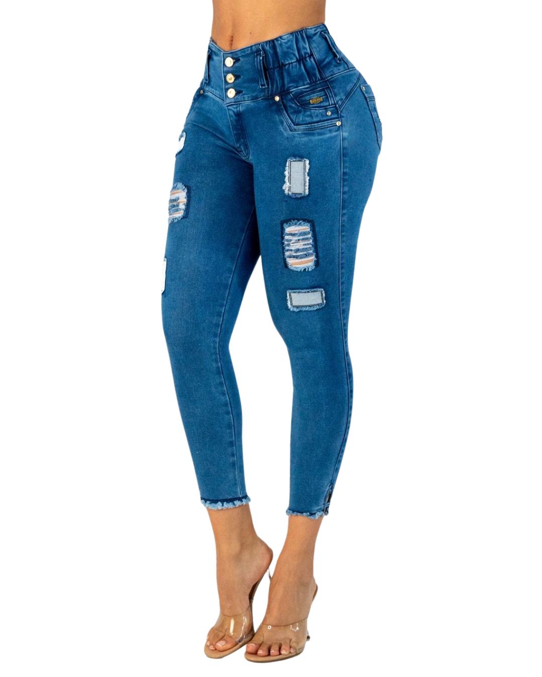 BUTT LIFTING BLUE DISTRESSED ANKLET SKINNY JEANS TK577